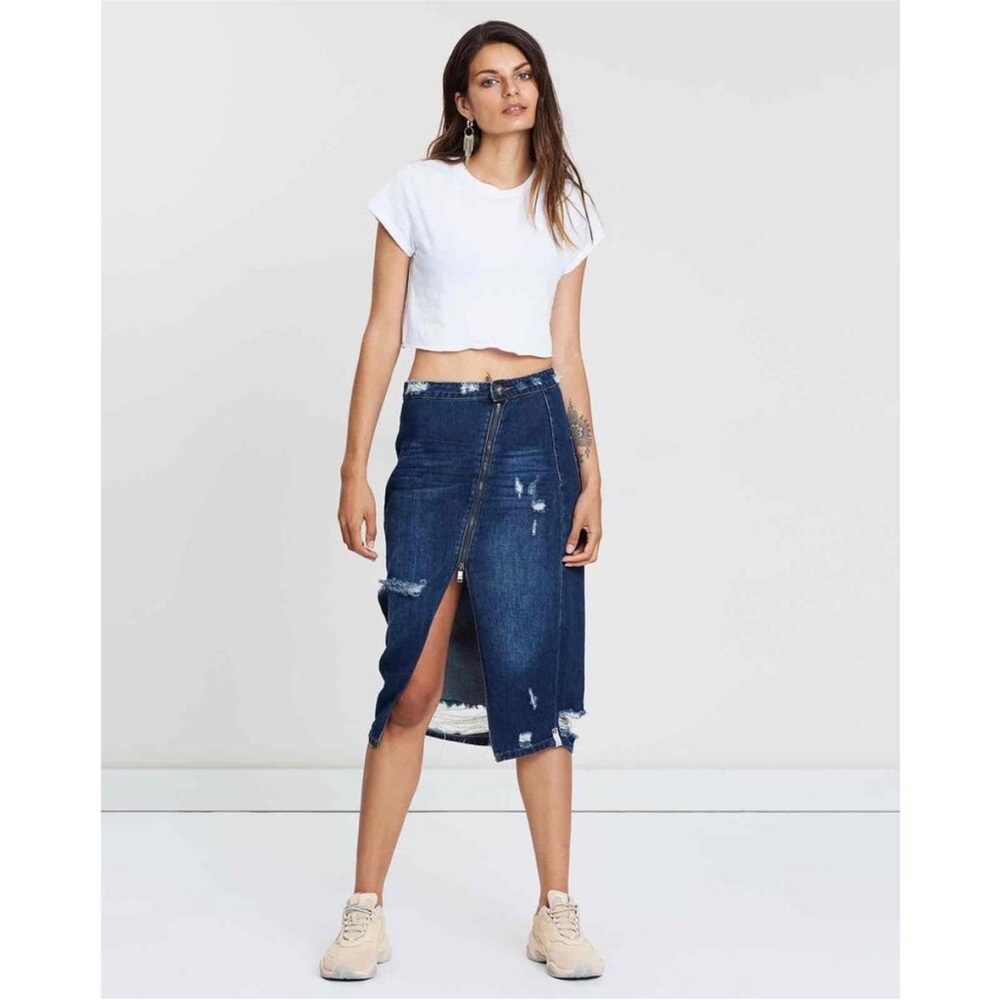 One Teaspoon Society Distressed Denim Pencil Skirt in Blue Moon Size 27